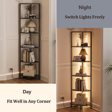6 Tier Corner Shelf with LED Light, 67.5 Inch Tall Narrow Bookshelf Organizer, Black Standing Storage Rack with Metal Frame & Wood Shelves for Living Room, Bedroom, Office & Wall Corner Display