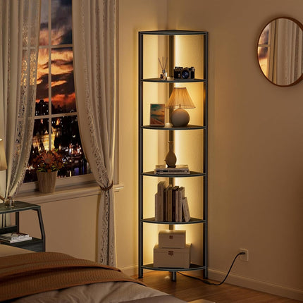 6 Tier Corner Shelf with LED Light, 67.5 Inch Tall Narrow Bookshelf Organizer, Black Standing Storage Rack with Metal Frame & Wood Shelves for Living Room, Bedroom, Office & Wall Corner Display