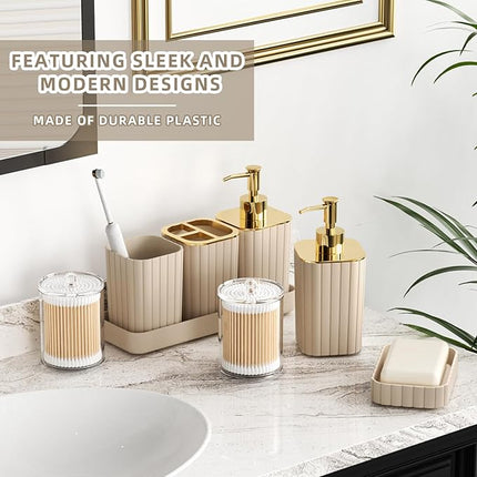 10-Piece Beige Bathroom Accessories Set – Complete Bathroom Organizer Kit with Toilet Brush & Trash Can