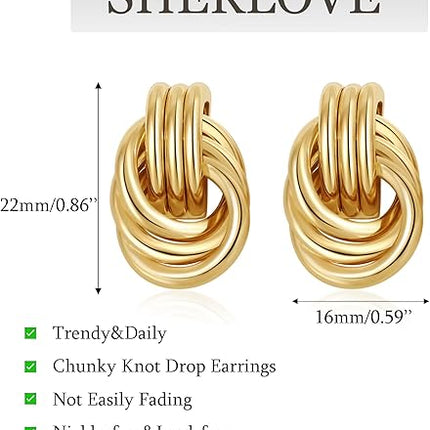 Women's Gold-Plated Knot Drop Earrings – Chunky Lightweight Hypoallergenic Statement Dangle Earrings