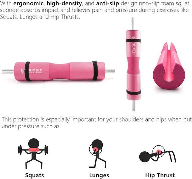 RitFit Ultimate 7-Piece Barbell Squat Pad Set with Resistance Bands, Safety Straps & Ankle Straps - Enhanced Neck & Shoulder Support for Squats, Lunges & Hip Thrusts (Pink/Black)