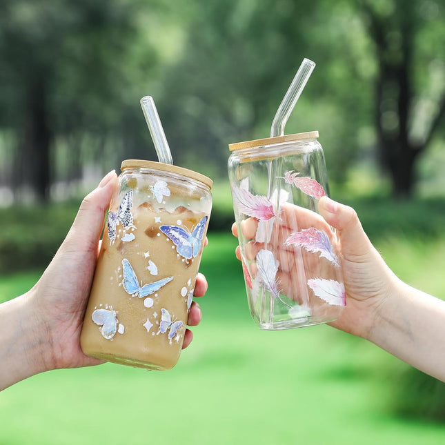 Netany Glass Cup with Bamboo Lid & Straw – 16 Oz Iced Coffee Tumbler, Reusable Drinking Glass for Coffee, Tea & Cold Beverages, Aesthetic Gift for Women