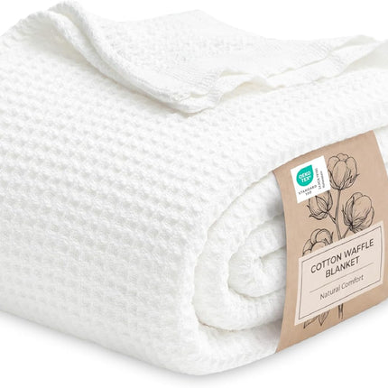 Bedsure 100% Cotton Waffle Weave Blanket Queen Size – Soft Breathable Cooling Summer Blanket, Thick Cozy Bed Blanket for All Seasons, White, 90 x 90 Inches