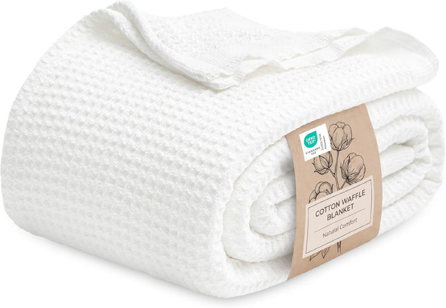 Bedsure 100% Cotton Waffle Weave Blanket Queen Size – Soft Breathable Cooling Summer Blanket, Thick Cozy Bed Blanket for All Seasons, White, 90 x 90 Inches