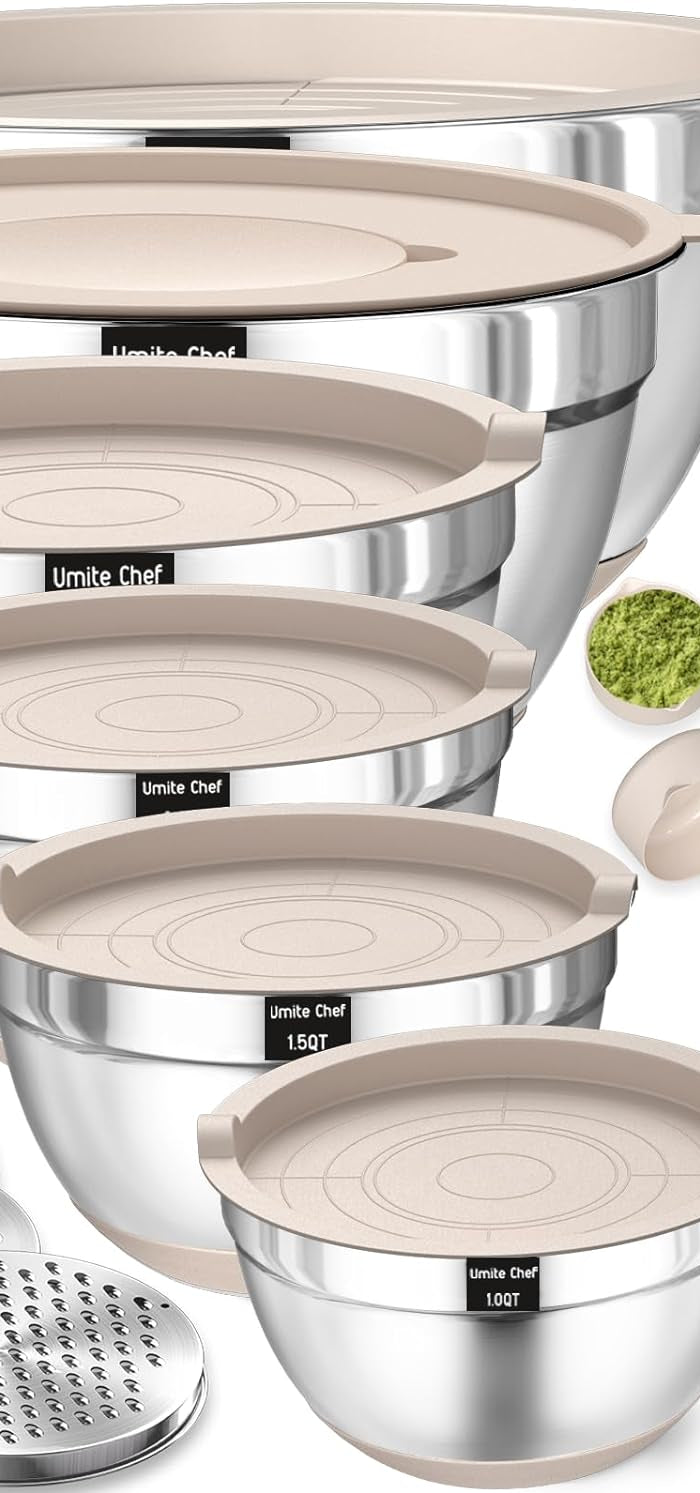 Mixing Bowls with Airtight Lids Set, 26PCS Stainless Steel Khaki Bowls with Grater Attachments, Non-Slip Bottoms & Kitchen Gadgets Set, Size 7, 4, 2.5, 2.0,1.5, 1QT, Great for Mixing & Serving