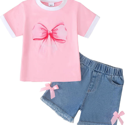 Toddler Girls Summer Outfit Set – Cotton Print T-Shirt & Denim Shorts 2-Piece Set (2T-8Y)
