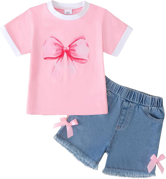 Toddler Girls Summer Outfit Set – Cotton Print T-Shirt & Denim Shorts 2-Piece Set (2T-8Y)