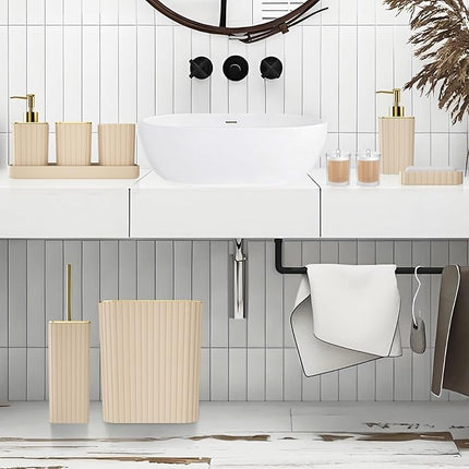 10-Piece Beige Bathroom Accessories Set – Complete Bathroom Organizer Kit with Toilet Brush & Trash Can