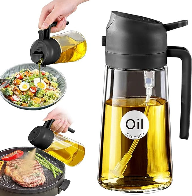 Yarramate Premium 16oz Glass Olive Oil Sprayer with Stickers - 2-in-1 Kitchen Dispenser for Cooking, Salad, BBQ & Frying (Black)