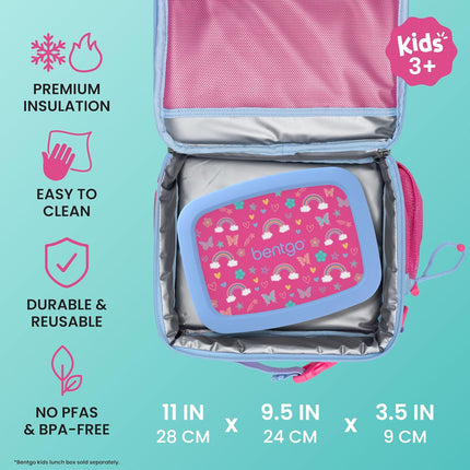 Bentgo Kids Lunch Bag - Double-Insulated, Reusable Lunch Bag for Kids 3+ with Adjustable Strap; Holds Lunch Box/Water Bottle/Snacks; Easy-Clean, Water-Resistant & Pockets (Rainbows & Butterflies)