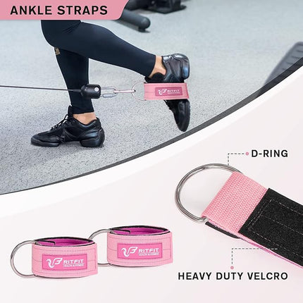 RitFit Ultimate 7-Piece Barbell Squat Pad Set with Resistance Bands, Safety Straps & Ankle Straps - Enhanced Neck & Shoulder Support for Squats, Lunges & Hip Thrusts (Pink/Black)