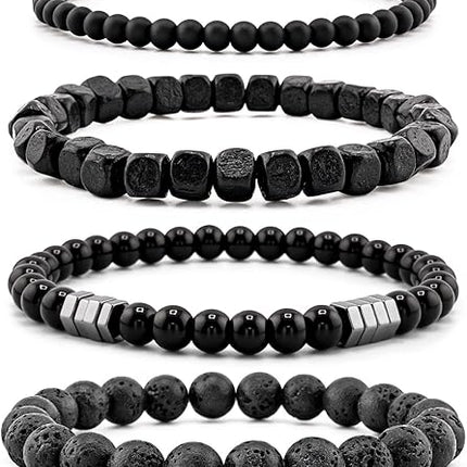 Men's Hematite Bracelet Set – Tiger Eye, Matte Agate & Lava Rock Boho Beaded Bracelets