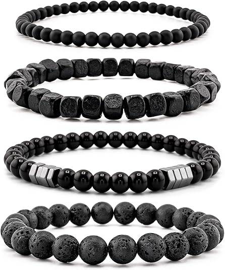 Men's Hematite Bracelet Set – Tiger Eye, Matte Agate & Lava Rock Boho Beaded Bracelets