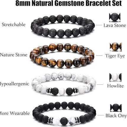 Tiger Eye Bracelet Set for Men – 8mm Natural Stone, Lava Rock & Black Crystal Stretch Beaded Bracelets