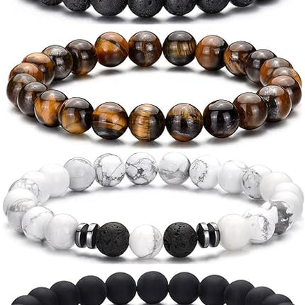 Tiger Eye Bracelet Set for Men – 8mm Natural Stone, Lava Rock & Black Crystal Stretch Beaded Bracelets