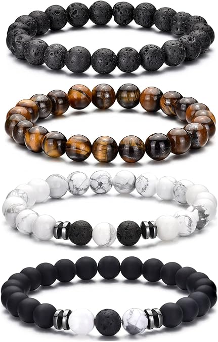 Tiger Eye Bracelet Set for Men – 8mm Natural Stone, Lava Rock & Black Crystal Stretch Beaded Bracelets