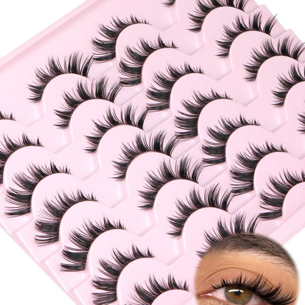 False Eyelashes Bunny Lashes Strips Spiky Eyelashes Natural Look Faux Mink Lashes C Curl 15Mm Wispy Manga Lashes Clear Band Soft Strip Eyelashes Pack for Goth Makeup, 14 Pairs