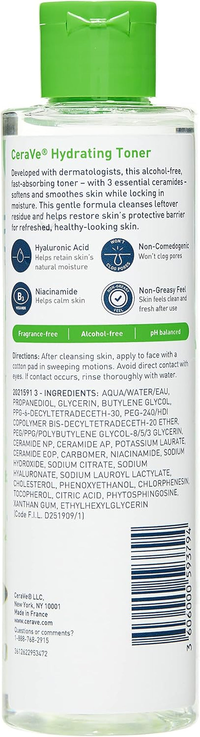 Hydrating Toner for Face Non-Alcoholic with Hyaluronic Acid, Niacinamide, and Ceramides for Sensitive Dry Skin, Fragrance-Free Non Comedogenic, Full Size, 6.8 Fl Oz