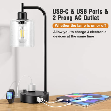 Industrial Table Lamps Set of 2, Fully Dimmable Bedside Nightstand Lamps with USB-A & USB-C Charging Ports and Outlet, Black Lamps with Glass Shade for Bedroom, Living Room, Office & Reading Desk