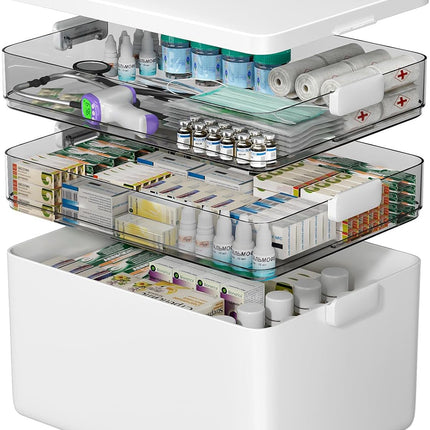 3-Tier Medicine Organizer, Portable Medicine Storage Box with Leather Handle, Empty First Aid Kit for Home