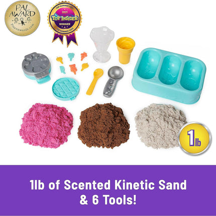 Kinetic Sand Scents Ice Cream Treats, Moldable Sand Sensory Toys, Ages 3+ | Swirl Strawberry, Chocolate & Vanilla Scented Play Sand Ice Cream Cones, 3 Colors & 6 Tools, Birthday Gifts for Kids