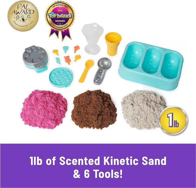 Kinetic Sand Scents Ice Cream Treats, Moldable Sand Sensory Toys, Ages 3+ | Swirl Strawberry, Chocolate & Vanilla Scented Play Sand Ice Cream Cones, 3 Colors & 6 Tools, Birthday Gifts for Kids