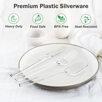 360-Piece Heavy-Duty Clear Plastic Silverware Set – BPA-Free Disposable Cutlery with 150 Forks, 150 Spoons & 60 Knives, Heat-Resistant Plastic Utensils for Parties & Events