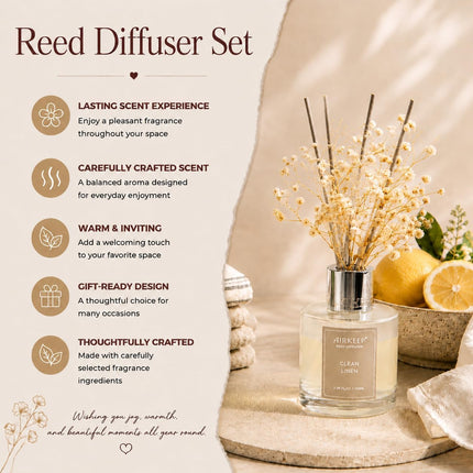 Airkeep Reed Diffuser Set – Clean Linen with Real Flowers & Reed Sticks, 3.38 fl oz (100 mL), 1-Pack
