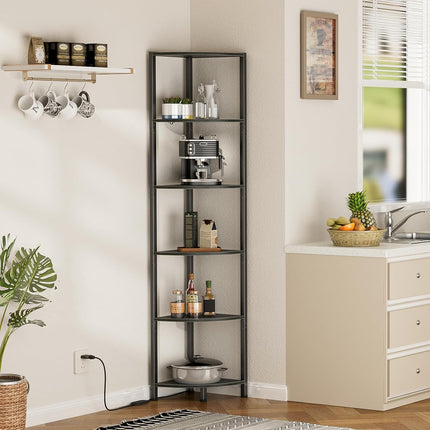 6 Tier Corner Shelf with LED Light, 67.5 Inch Tall Narrow Bookshelf Organizer, Black Standing Storage Rack with Metal Frame & Wood Shelves for Living Room, Bedroom, Office & Wall Corner Display