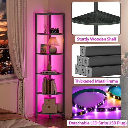 6 Tier Corner Shelf with LED Light, 67.5 Inch Tall Narrow Bookshelf Organizer, Black Standing Storage Rack with Metal Frame & Wood Shelves for Living Room, Bedroom, Office & Wall Corner Display