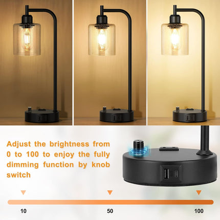 Industrial Table Lamps Set of 2, Fully Dimmable Bedside Nightstand Lamps with USB-A & USB-C Charging Ports and Outlet, Black Lamps with Glass Shade for Bedroom, Living Room, Office & Reading Desk