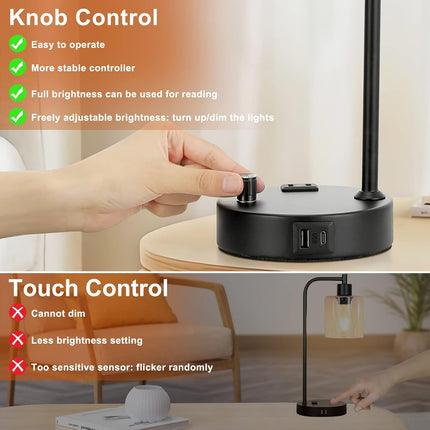 Industrial Table Lamps Set of 2, Fully Dimmable Bedside Nightstand Lamps with USB-A & USB-C Charging Ports and Outlet, Black Lamps with Glass Shade for Bedroom, Living Room, Office & Reading Desk
