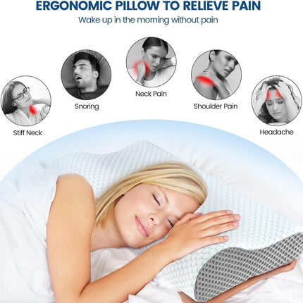Ergonomic Memory Foam Cervical Neck Pillow – Orthopedic Contour Bed Pillow for Neck & Shoulder Pain Relief, Cooling Neck Support for Side, Back & Stomach Sleepers, Blue & Grey