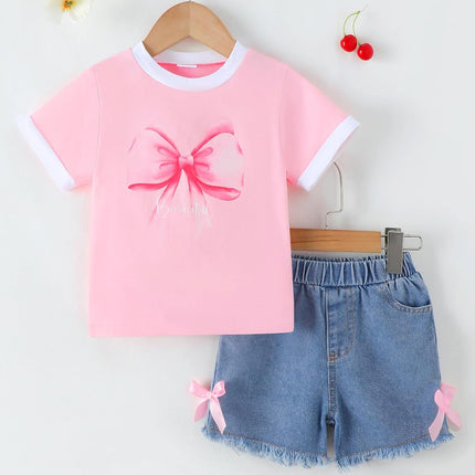 Toddler Girls Summer Outfit Set – Cotton Print T-Shirt & Denim Shorts 2-Piece Set (2T-8Y)