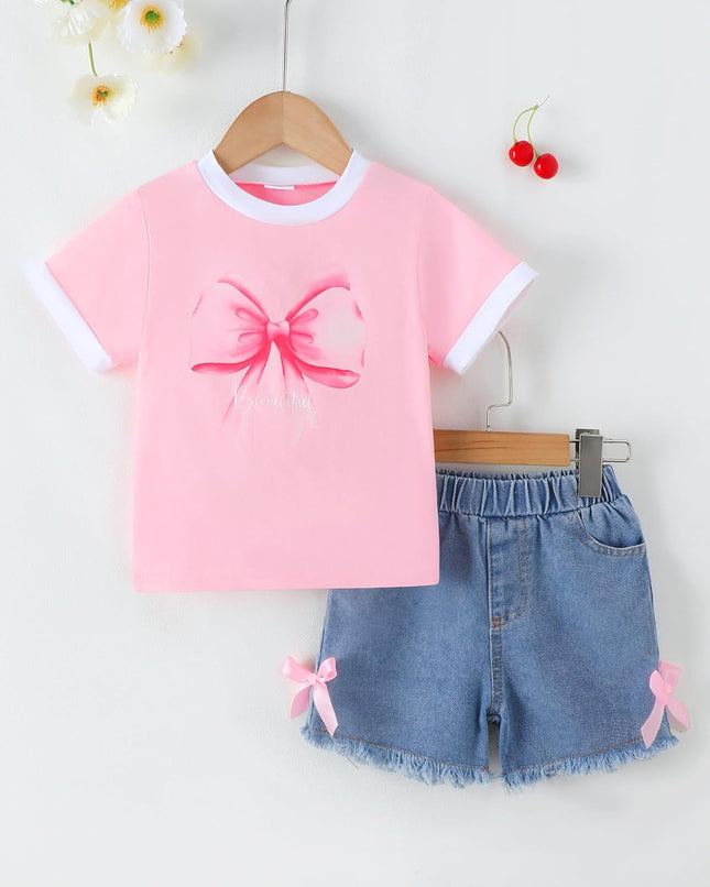 Toddler Girls Summer Outfit Set – Cotton Print T-Shirt & Denim Shorts 2-Piece Set (2T-8Y)