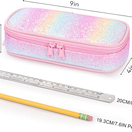 Girls Multi-Slot Pencil Case – Kids Pencil Pouch with Zipper, Large Capacity Stationery Organizer for School Supplies, Pink Blue Rainbow Design