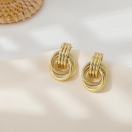 Women's Gold-Plated Knot Drop Earrings – Chunky Lightweight Hypoallergenic Statement Dangle Earrings
