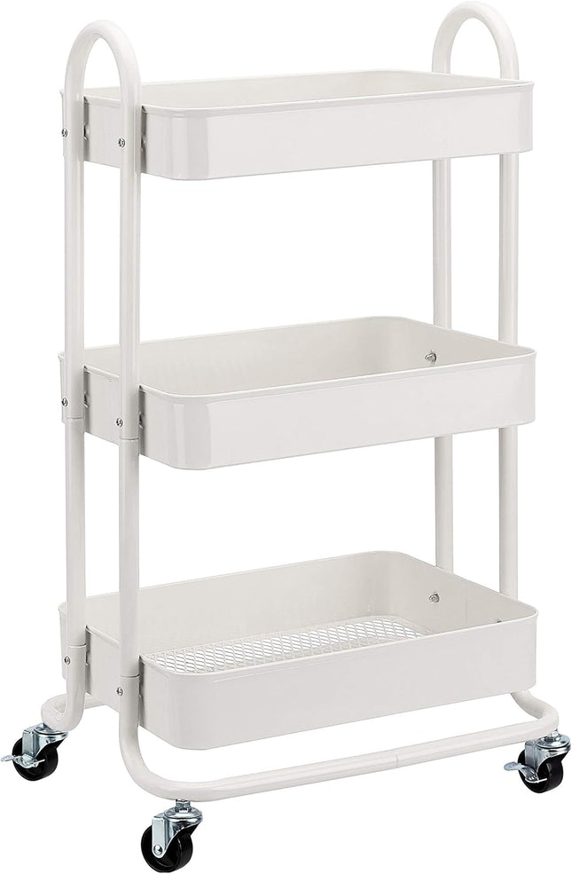 3 Tier Rolling Utility Cart, Multifunctional Storage Organizer with Lockable Wheels, Mobile Shelving Unit for Kitchen, Bathroom, Office, Laundry Room & Home Organization, White