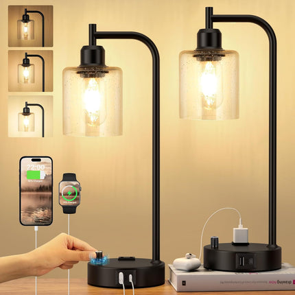 Industrial Table Lamps Set of 2, Fully Dimmable Bedside Nightstand Lamps with USB-A & USB-C Charging Ports and Outlet, Black Lamps with Glass Shade for Bedroom, Living Room, Office & Reading Desk