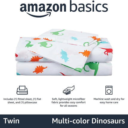 Kids Twin Microfiber Sheet Set – 3-Piece Soft Breathable Bedding with Fitted Sheet, Easy-Wash Animal Print Dinosaur Bed Sheets for Boys & Girls