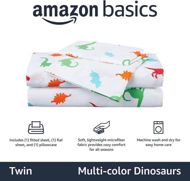 Kids Twin Microfiber Sheet Set – 3-Piece Soft Breathable Bedding with Fitted Sheet, Easy-Wash Animal Print Dinosaur Bed Sheets for Boys & Girls