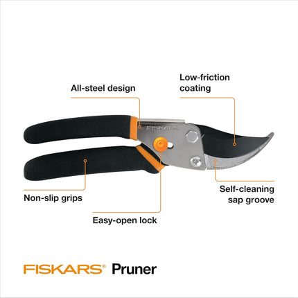 Fiskars Bypass Pruning Shears - Effortless Cutting with Sharp Steel Blades and Non-Slip Grip, Self-Cleaning Sap Groove, 5/8" Cut Capacity for Stems & Branches