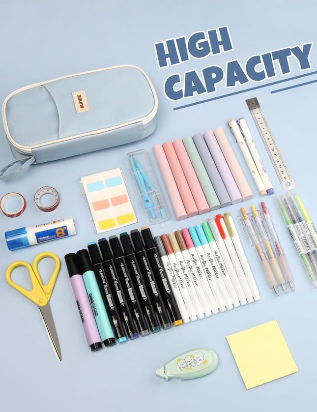 Cute Aesthetic Pencil Case – Large Kawaii Pen Pouch with Zipper, Spacious Stationery Organizer for School Supplies, Pens & Accessories for Teen & Adult Girls, Blue