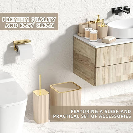 10-Piece Beige Bathroom Accessories Set – Complete Bathroom Organizer Kit with Toilet Brush & Trash Can