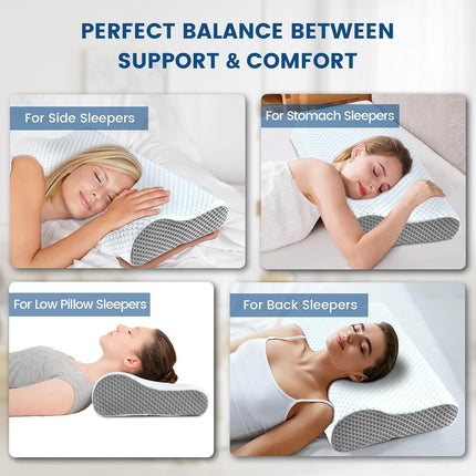 Ergonomic Memory Foam Cervical Neck Pillow – Orthopedic Contour Bed Pillow for Neck & Shoulder Pain Relief, Cooling Neck Support for Side, Back & Stomach Sleepers, Blue & Grey