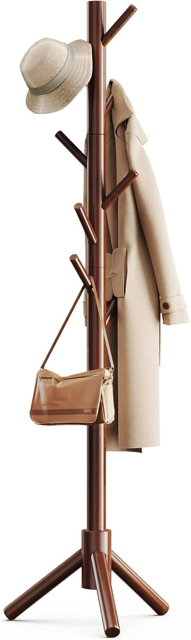 Solid Wooden Coat Rack Freestanding, Hall Tree with 8 Hooks, 3 Height Options for Coats, Hats, Handbags, and Scarves, Tool-Free Assembly, Space Saving Design for Entryway, Office, Bedroom