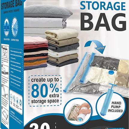 Vacuum Storage Bags, 80% Compression Vacuum Seal Space Saver Plastic Packaging Bags for Clothes, Blankets, Pillow, Bedding, Comforters, Sealer Clothing Storage,20 Combo