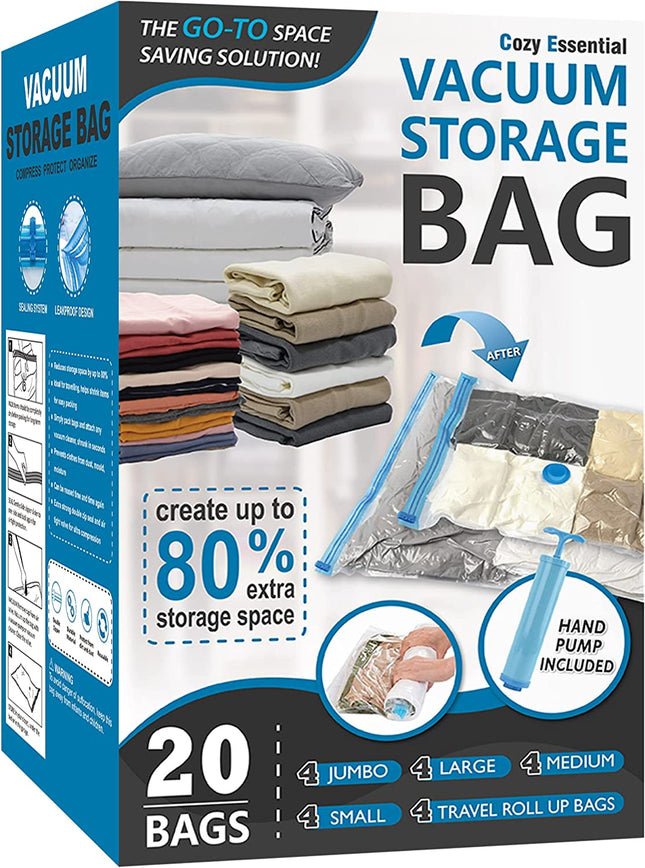Vacuum Storage Bags, 80% Compression Vacuum Seal Space Saver Plastic Packaging Bags for Clothes, Blankets, Pillow, Bedding, Comforters, Sealer Clothing Storage,20 Combo