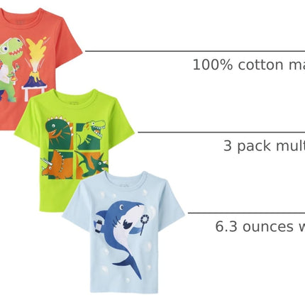 Baby Boys' and Toddler Dino,Animals,Sharks Short Sleeve Graphic T-Shirts,3 Pack