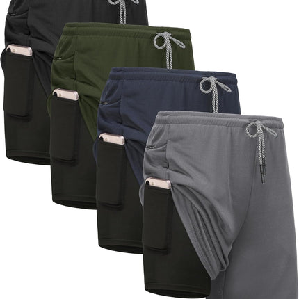 4 Pack Mens 2 in 1 Running Workout Shorts with Liner, Gym Athletic Quick Dry Sport Shorts with Pockets